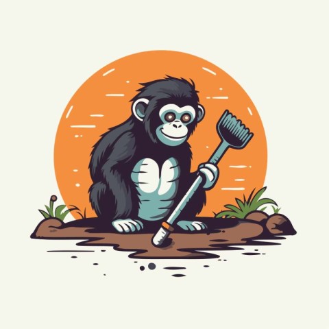 Chimpanzee with a shovel. Vector illustration in cartoon style.