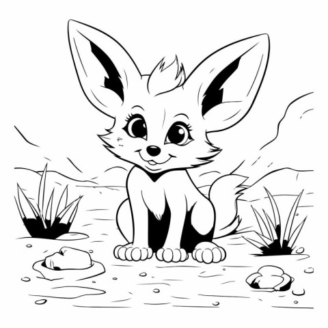 Cute little fox - black and white vector illustration for colori