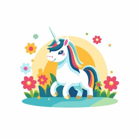 Unicorn in the meadow with flowers. Vector illustration.