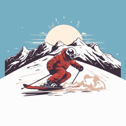 Skiing on the mountains. Vector illustration in retro style.