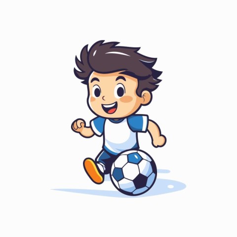 Cute little boy playing soccer cartoon vector Illustration on a