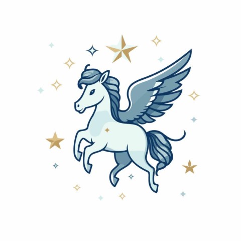 Unicorn with wings and stars. Vector illustration in cartoon sty