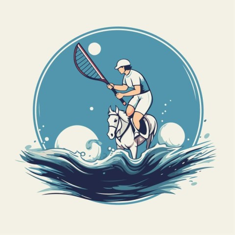 Illustration of a man riding a horse with racket and ball on the