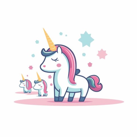 Cute cartoon unicorn with rainbow horn and stars. Vector illustr