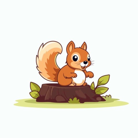 Cute squirrel sitting on a stump. Vector illustration in cartoon