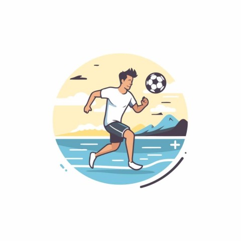 Soccer player on the beach. Flat style vector illustration on wh