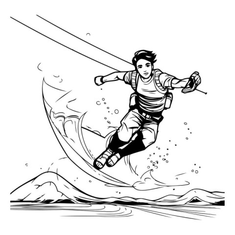 Kitesurfing - Black and White Cartoon Illustration of a Kitesurf