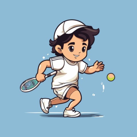 Cartoon tennis player. Vector illustration of a boy playing tenn