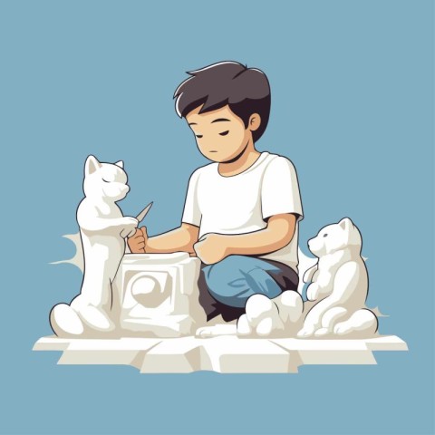 Boy sculpts a snowman with a cat. Vector illustration.