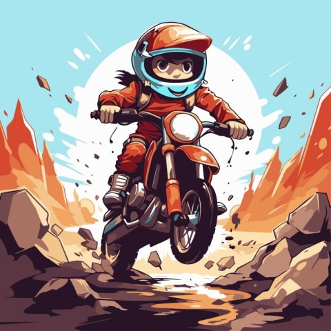 Motorcyclist on a motorcycle in the mountains. Vector illustrati