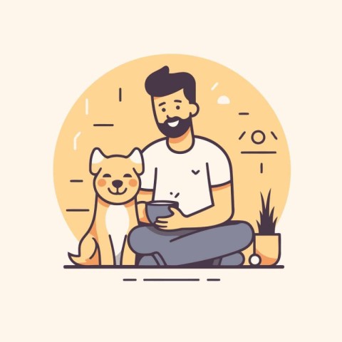 Man sitting with dog and drinking coffee. Flat style vector illu