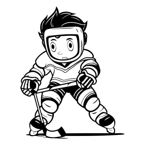 Vector illustration of a cartoon hockey player on ice. Black and