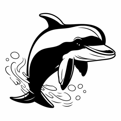 Dolphin jumping out of water. Black and white vector illustratio