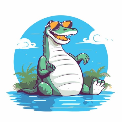 Cute crocodile in sunglasses on the island. Vector illustration.