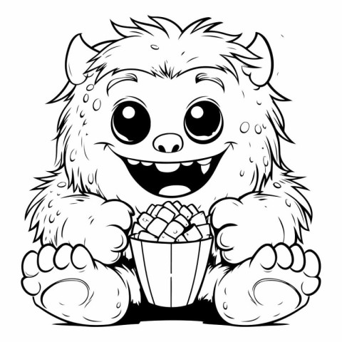 Black and White Cartoon Illustration of Cute Little Bear Eating