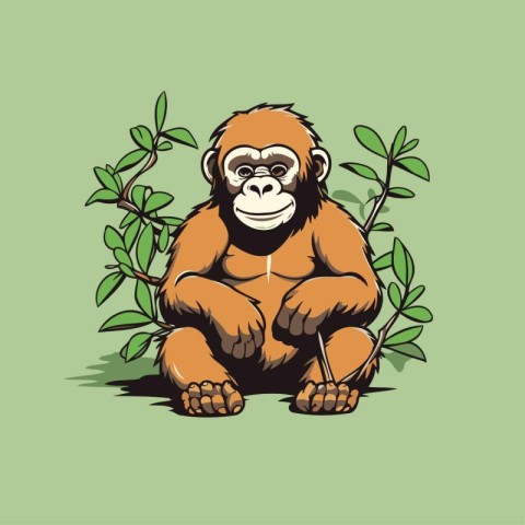 Gorilla sitting on the ground with green leaves. Vector illustra