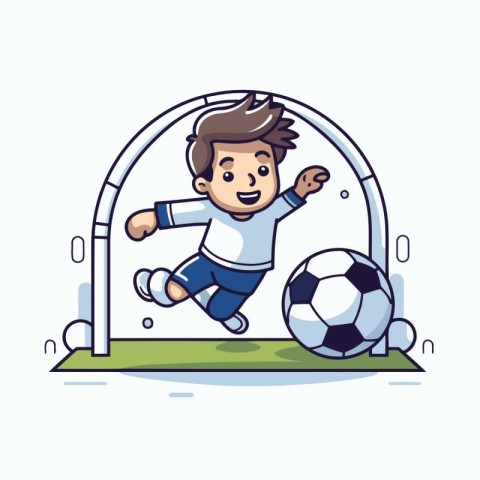 Soccer player running to the goal with ball. cartoon vector illu