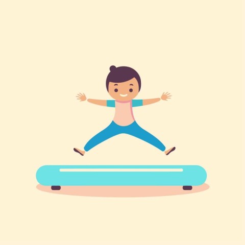 Boy jumping on a treadmill. Flat design vector illustration.