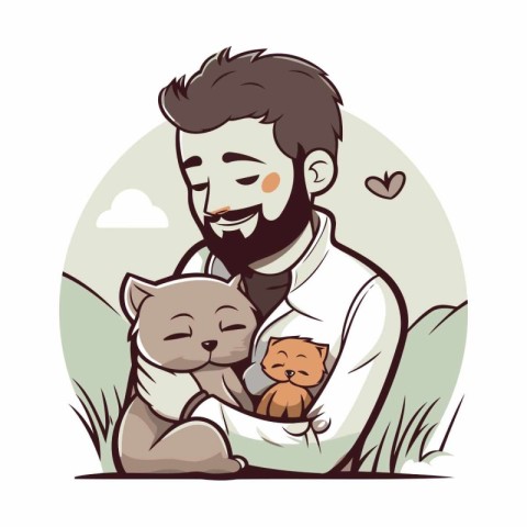 Vector illustration of a man with a cat in his arms. Cute cartoo