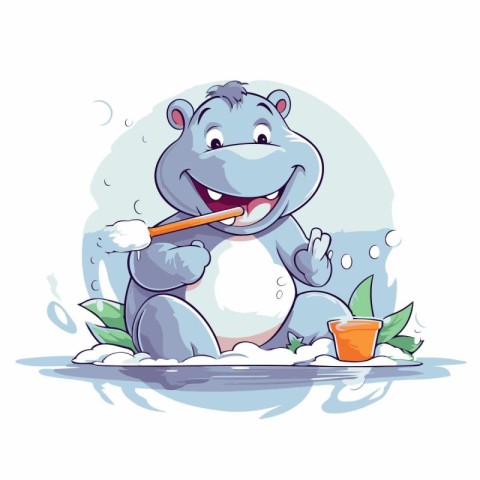 Cute hippo with toothbrush and orange juice. Vector illustration