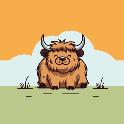 Vector illustration of a cute yak sitting on the grass in the fi