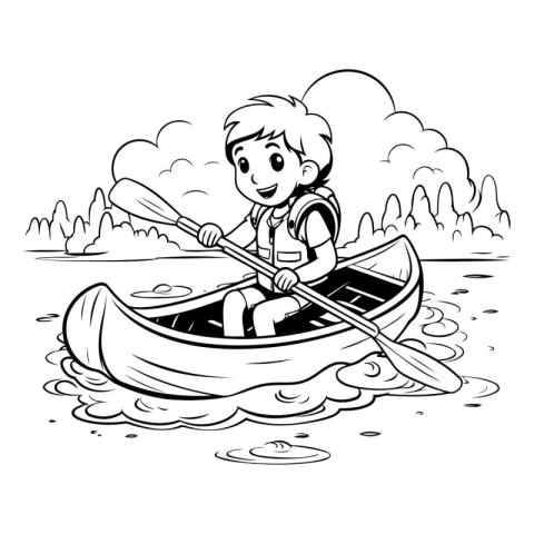 Boy rowing in a canoe. Black and white vector illustration.