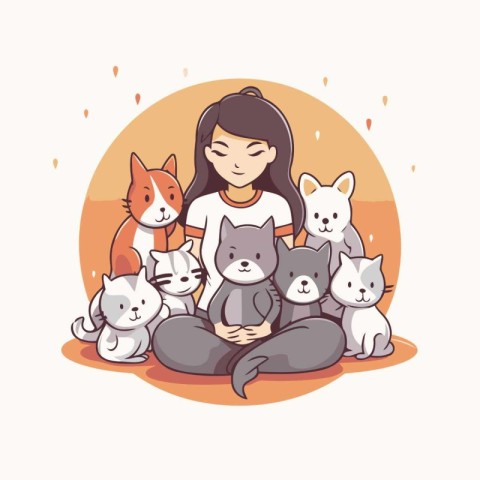 Cute girl sitting with her pets. Vector illustration in cartoon