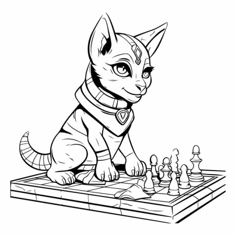 Cat playing chess. Black and white vector illustration for color