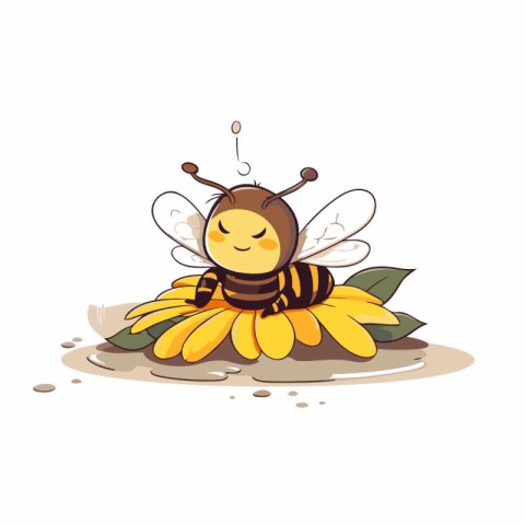 Cute cartoon bee on a flower. Vector illustration on white backg