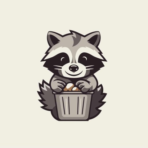 Cute raccoon in a basket of food. Vector illustration.