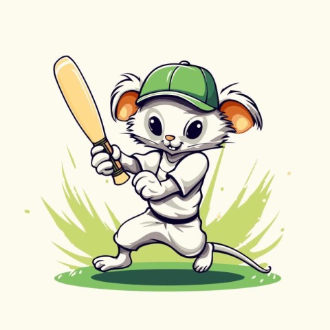 Cute cartoon mouse in baseball cap with baseball bat. Vector ill