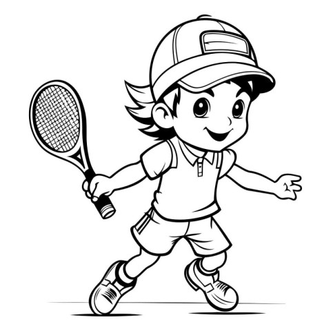 Cartoon illustration of a boy playing tennis - Coloring book for