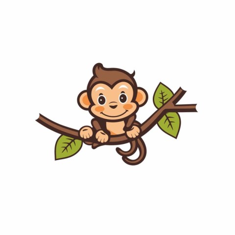 Cute cartoon monkey sitting on a tree branch. Vector illustratio