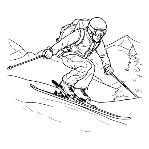 Skiing. Skier skiing downhill. Black and white vector illustrati