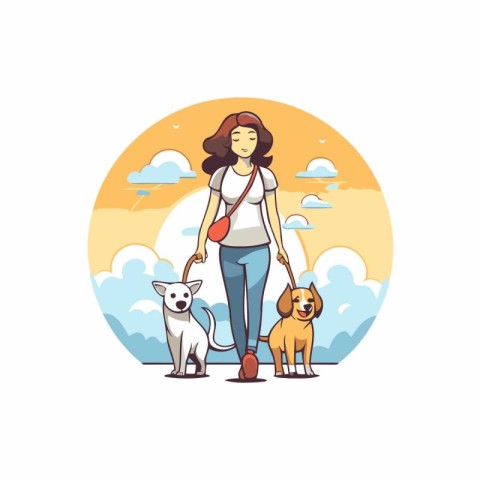 Woman walking with dogs in the park. Flat style vector illustrat