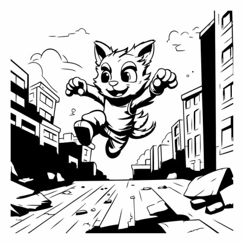 Cute Cat Running in the City - Black and White Cartoon Illustrat