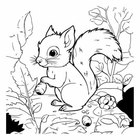 Squirrel in the forest. black and white vector illustration for