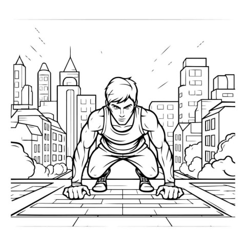 Outline illustration of a man doing push-ups on a city backgroun