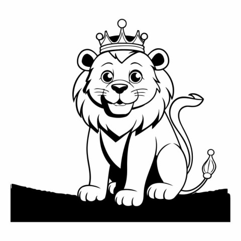 Lion King with Crown. Black and White Cartoon Illustration.