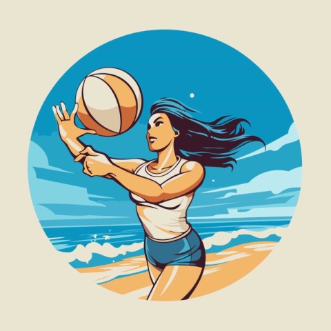 Vector illustration of a young woman playing volleyball on the b