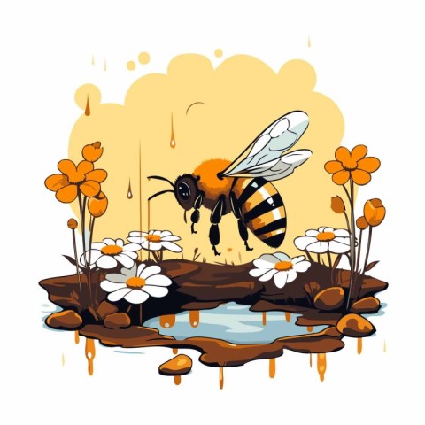 Honey bee with camomile flowers. Vector illustration isolated on