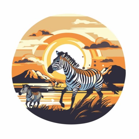 Zebra in the wild at sunset. Vector illustration in retro style