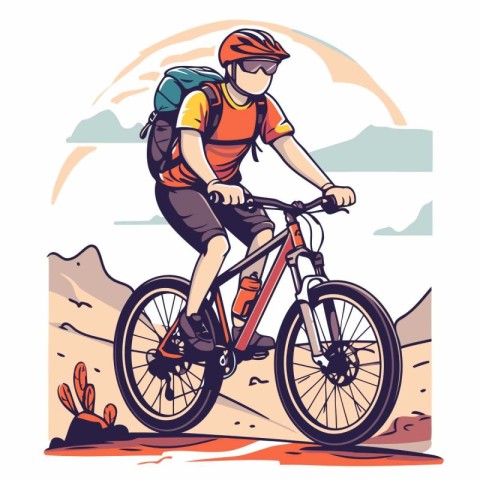 Cyclist riding mountain bike in the desert. Vector illustration.
