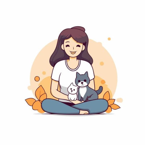 Girl sitting on the floor with her cat and dog. Vector illustrat