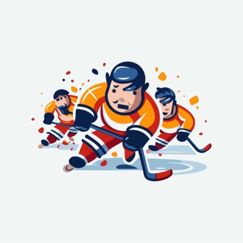 Hockey player with the stick and puck on ice. Vector illustratio