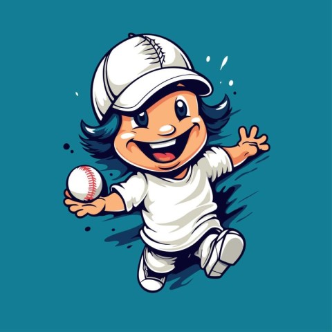 Cute little girl baseball player with ball. Vector cartoon illus