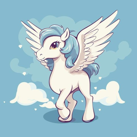 Cute cartoon white unicorn with blue mane and wings. Vector illu