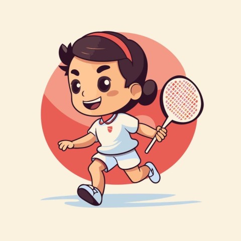 Little girl playing badminton. Vector illustration. Cartoon styl