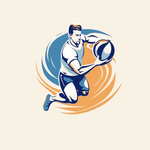 Rugby player with ball. Vector illustration in retro style.