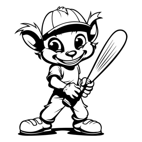 Baseball Player with Bat - Black and White Cartoon Illustration.